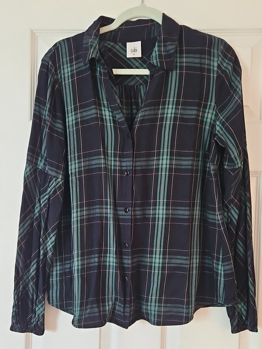 CAbi Navy & Teal Plaid Long-Sleeve Button Down Shirt